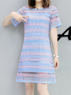 Pink and Blue Plus Size Slim Two-Piece Round Neck Lace Shift Above Knee Dress for Casual Party