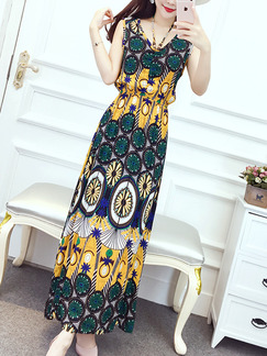 Colorful Slim A-Line Off-Shoulder Printed Adjustable Waist Maxi Plus Size Dress for Casual Beach