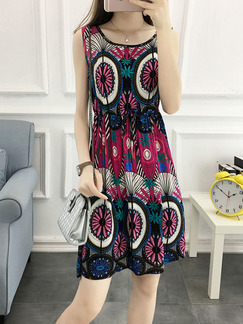 Colorful Plus Size Slim Round Neck A-Line Printed Drawstring Above Knee Dress for Casual Party