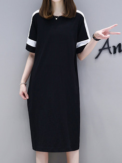 Black Plus Size Loose Contrast Linking Round Neck Shift Knee Length Dress for Casual