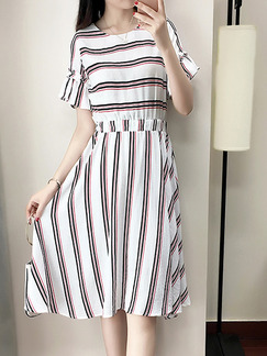 White Stripe Plus Size Slim A-Line Round Neck Stripe Flare Sleeve Knee Length Dress for Casual Party