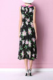 Black and Pink Chiffon A-Line Printed Contrast Linking Adjustable Waist Floral Midi Plus Size Dress for Casual Beach Party