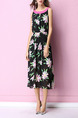 Black and Pink Chiffon A-Line Printed Contrast Linking Adjustable Waist Floral Midi Plus Size Dress for Casual Beach Party