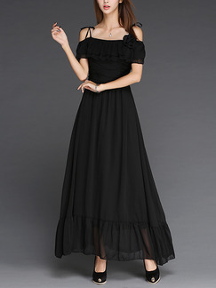 Black Chiffon Full Skirt Off-Shoulder Ruffled Band Plus Size Maxi Dress for Cocktail Prom Ball Semi Formal