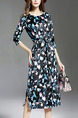 Blue Colorful Velvet Plus Size Printed Furcal Adjustable Waist Knee Length Dress for Casual Party Evening
