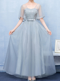 Grey Mesh Open Back Full Skirt Laced Dress for Bridesmaid Prom
