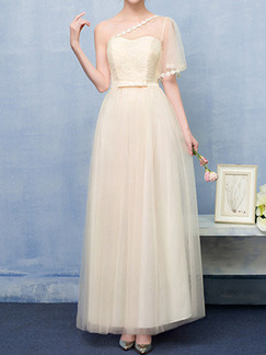 Champagne Full Skirt Slim One shoulder Lace Linking Mesh Butterfly Knot Dress for Bridesmaid Prom