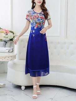 Blue Colorful Chinese Chiffon Located Printing Furcal Stand Collar Chinese Button Midi Plus Size Dress for Casual Party Evening