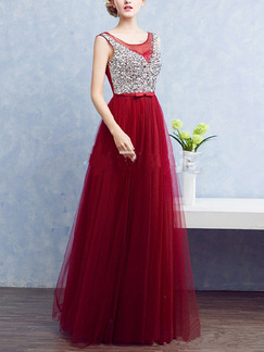 Red and Silver Mesh Open Back Full Skirt Rhinestone Contrast Linking Butterfly Knot Plus Size Dress for Ball Prom Bridesmaid Cocktail