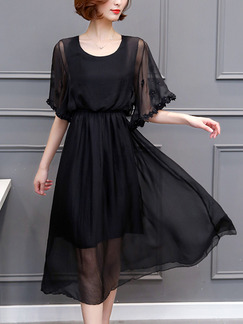 Black Chiffon Plus Size Flare Sleeve Adjustable Waist Twist Pattern Midi Dress for Casual Party Office