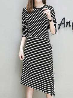 Black and White Knitted Plus Size Lace Stripe Linking Asymmetrical Hem Furcal Band Long Sleeve Dress for Casual Party