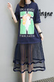 Blue Knitted Linking Mesh Plus Size Loose Located Printing See-Through Midi Dress for Casual