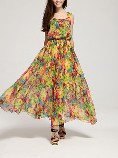 Colorful Chiffon Full Skirt Printed Adjustable Waist Plus Size Dress for Casual Party