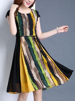 Colorful Chiffon Plus Size Contrast Printed Knee Length Dress for Casual Party Evening