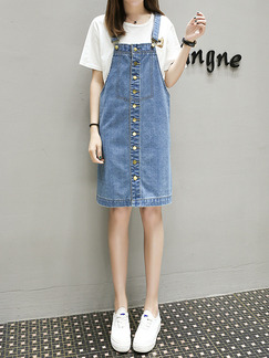 Blue Plus Size Denim Strap Buckled Knee Length Dress for Casual