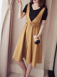 Black and Beige Plus Size Two-Piece Strap Full Skirt Band Knee Length Dress for Casual Party Office Evening