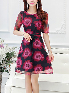 Pink and Black Plus Size Slim A-Line Printed Band Above Knee Floral Dress for Casual Party