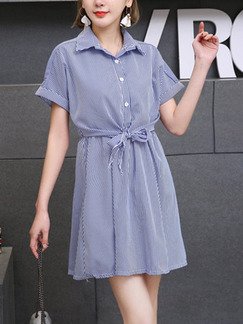 Blue and White Stripe Loose Stripe Shirt Band Seem-Two Above Knee Dress for Casual Party Office