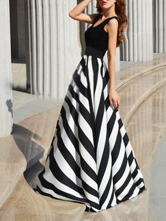 Black and White Plus Size A-Line Knitted Stripe Adjustable Waist Contrast Linking  Maxi Plus Size Dress for Ball Prom Cocktail