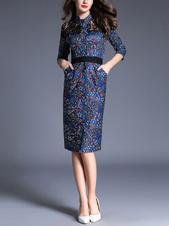 Blue Colorful Slim Lace Contrast Linking Printed Stand Collar Furcal Knee Length Plus Size Dress for Casual Office Evening