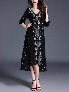 Black Plus Size Loose V Neck Drawstring Embroidery Midi Dress for Casual Party Evening Office