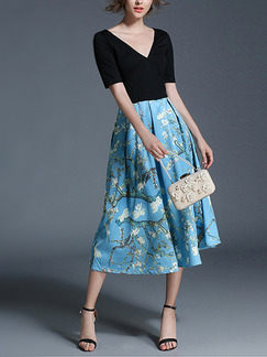 Blue and Black Slim V Neck Full Skirt Pleated Contrast Knitted Printed Midi Plus Size Dress for Casual Party Evening