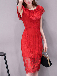 Red Lace Off-Shoulder Slim Plus Size Ruffled Knee Length Dress for Party Evening Semi Formal