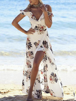 White Full Skirt Slim Off-Shoulder Open Back Asymmetrical Hem Printed Floral Plus Size Dress for Casual Beach