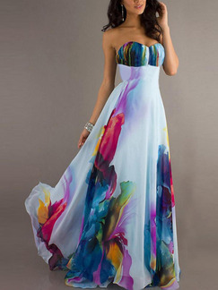 Colorful Chiffon Slim Plus Size Full Skirt Strapless Located Printing Dress for Prom Ball