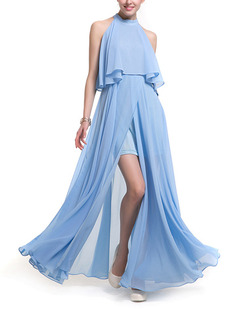 Blue Plus Size A-Line Stand Collar Off-Shoulder Seem-Two Furcal Cute Dress for Semi Formal Prom Cocktail
