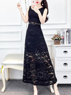 Black Lace Slim A-Line Open Back See-Through Plus Size Dress for Casual Party Office