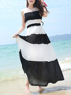 Black and White Stripe Chiffon Plus Size Adjustable Waist Dress for Casual Beach