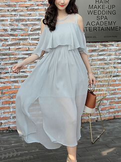 Grey Chiffon Off-Shoulder Ruffled Adjustable Waist Furcal See-Through Plus Size Dress for Casual Party