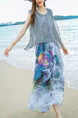 Grey Colorful Chiffon Loose Seem-Two A-Line Linking Contrast Printed Plus Size Dress for Casual Beach