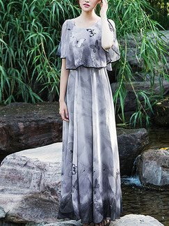 Grey Chiffon Loose Plus Size Seem-Two Off-Shoulder Located Printing Maxi Dress for Casual Beach