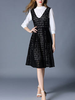 Black and White Lace Slim V Neck Contrast Two-Piece Stand Collar Cutout Plus Size Dress for Casual Party Evening Office