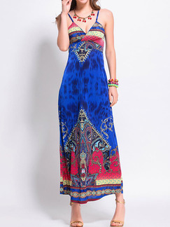 Blue Colorful Slim Open Back Off-Shoulder Located Printing Slip Dress for Casual Beach