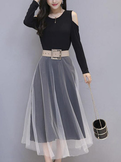 Black Slim A-Line Contrast Linking Off-Shoulder Mesh See-Through Plus Size Long Sleeve Dress for Office Evening Casual