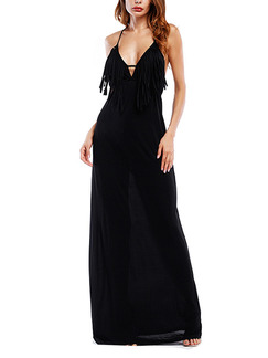 Black Knitted Slim A-Line Open Back Tassels Band Maxi Plus Size Slip Dress for Cocktail Prom