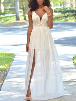 White Slim A-Line V Neck Lace Linking Chiffon Furcal Open Back Plus Size Maxi Dress for Prom Bridesmaid