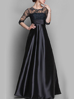 Black Slim Full Skirt Lace Satin Linking See-Through Bead Plus Size Dress for Cocktail Prom Ball