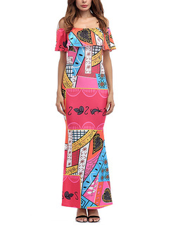 Pink Colorful Knitted Plus Size Over-Hip Fishtail Printed Ruffled Off-Shoulder Maxi Dress for Cocktail Evening
