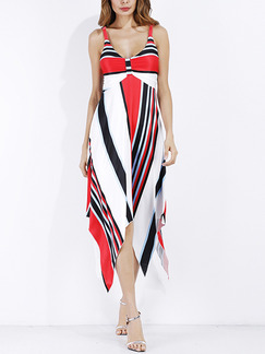 White Blue and Red Slim A-Line Open Back Asymmetrical Hem Printed Plus Size Dress for Cocktail Evening