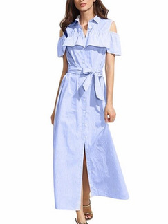 Blue Loose Shirt Off-Shoulder Ruffled Stripe Band Plus Size Dress for Casual