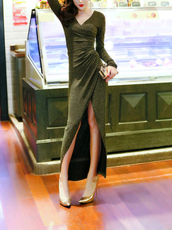 Green Staming Over-Hip V Neck Pleated Furcal Bodycon Long Sleeve Dress for Cocktail Evening Party