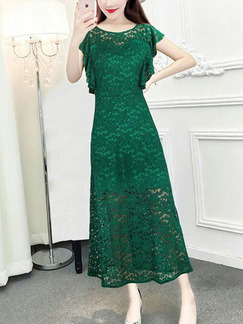 Green Lace Slim A-Line Ruffled Dress for Casual Party Evening