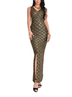 Golden and Black Knitted Over-Hip V Neck Shiner Open Back Furcal Maxi Bodycon Dress for Cocktail Evening
