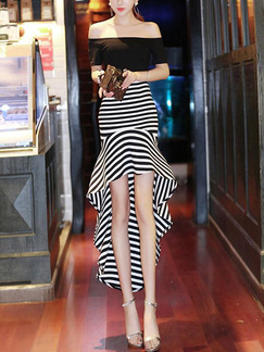 Black and White Off-Shoulder Over-Hip Contrast Linking Stripe Asymmetrical Hem Ruffled Dress for Cocktail Evening