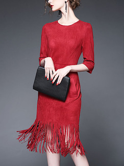 Red Suede Slim Tassels Round Neck Plus Size Dress for Casual Party Office