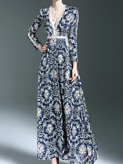 Blue and White Chiffon Plus Size Slim Full Skirt V Neck Laced Linking Printed Long Sleeve Dress for Cocktail Party Evening